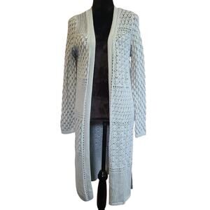 Hippie Rose Boho Crochet Cardigan Duster Womens M Blue Open Knit Granola Artsy